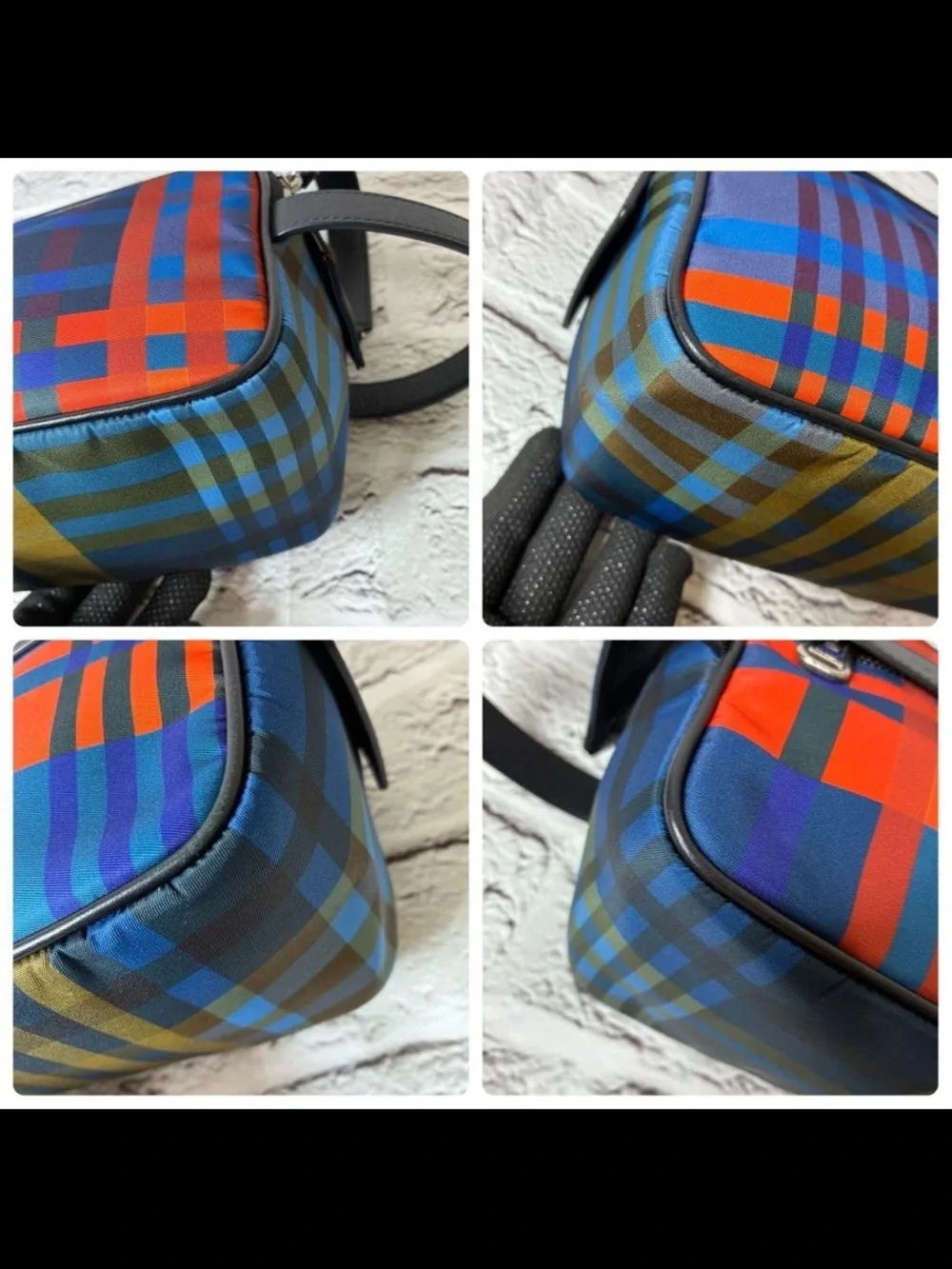 Mulberry Red and Blue Plaid Leather-Trim Toiletry Bag